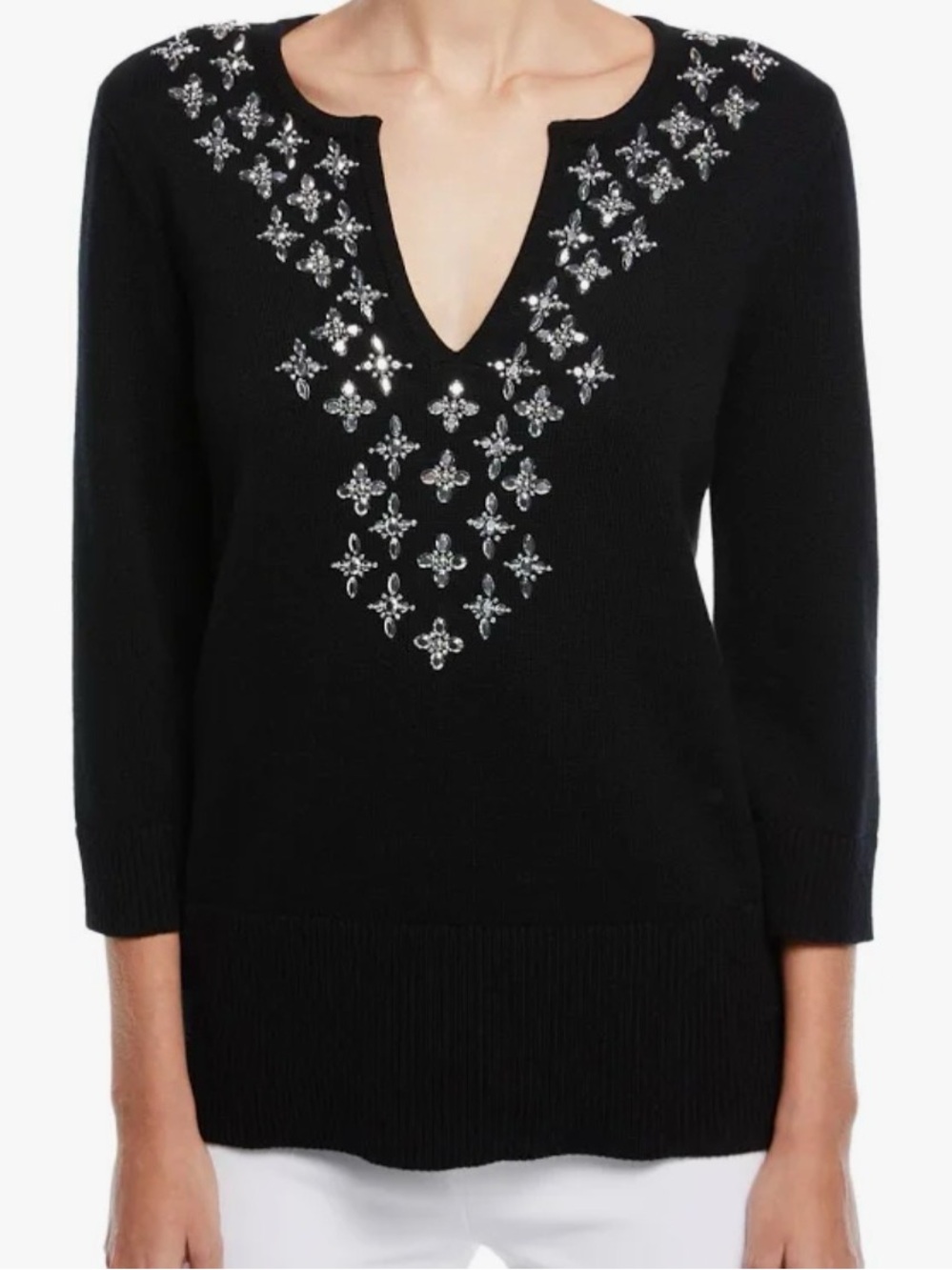 Micheal Kors Collection Black Embellished V-Neck Sweater